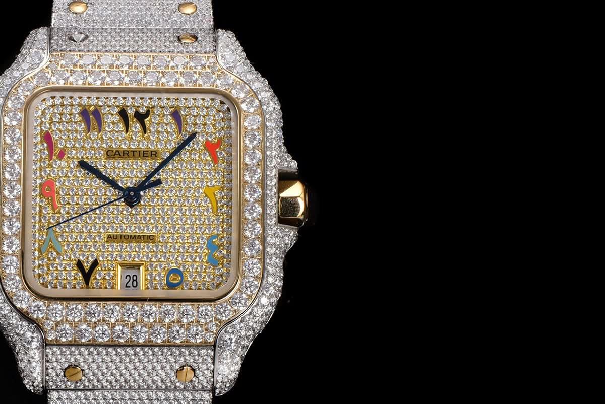 Replica Cartier Santos de Cartier 40mm Diamond Paved Dial with Colourful Arabic Markers in Steel/Yellow Gold |  Declock.