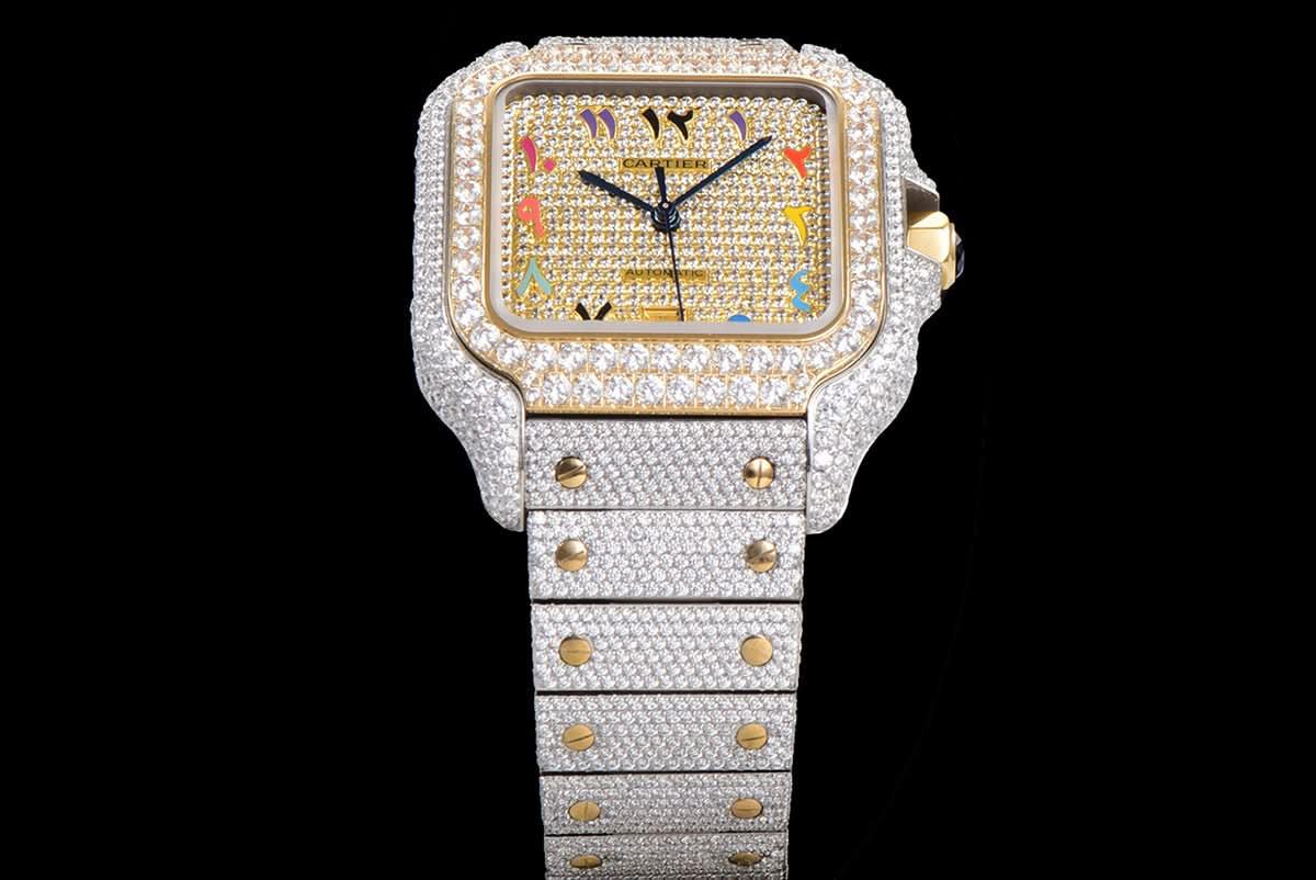 Replica Cartier Santos de Cartier 40mm Diamond Paved Dial with Colourful Arabic Markers in Steel/Yellow Gold |  Declock.