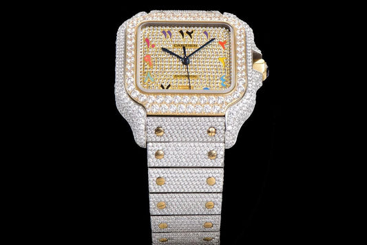 Replica Cartier Santos de Cartier 40mm Diamond Paved Dial with Colourful Arabic Markers in Steel/Yellow Gold |  Declock.