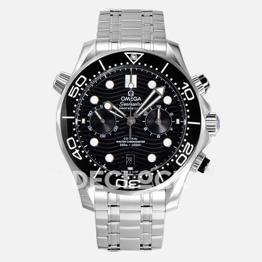 Replica Omega Seamaster Diver 300m Co-Axial Master Chronometer Chronograph 44mm Black Dial in Steel | Declock.