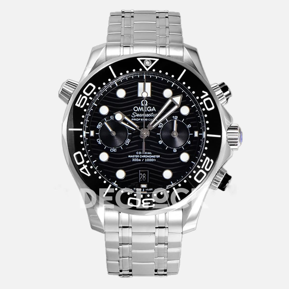 Replica Omega Seamaster Diver 300m Co-Axial Master Chronometer Chronograph 44mm Black Dial in Steel |  Declock.