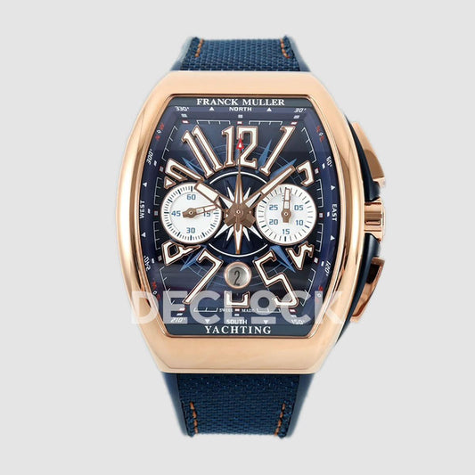 Replica Franck Muller Vanguard V45 Chronograph Blue/White Dial with White Marker in Rose Gold on Leather Strap | Declock.