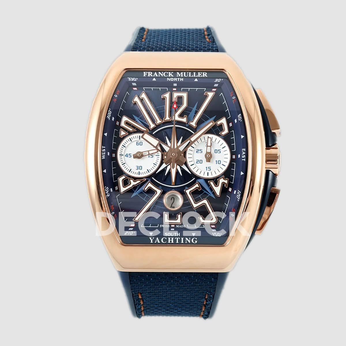 Replica Franck Muller Vanguard V45 Chronograph Blue/White Dial with White Marker in Rose Gold on Leather Strap |  Declock.