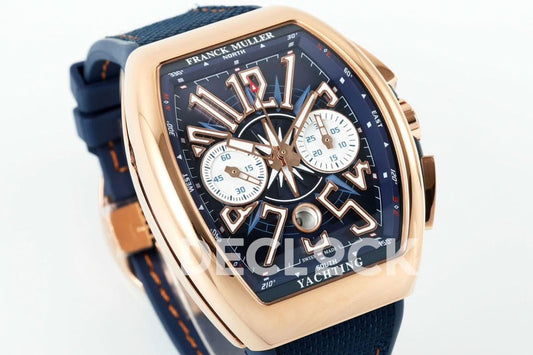 Replica Franck Muller Vanguard V45 Chronograph Blue/White Dial with White Marker in Rose Gold on Leather Strap | Declock.