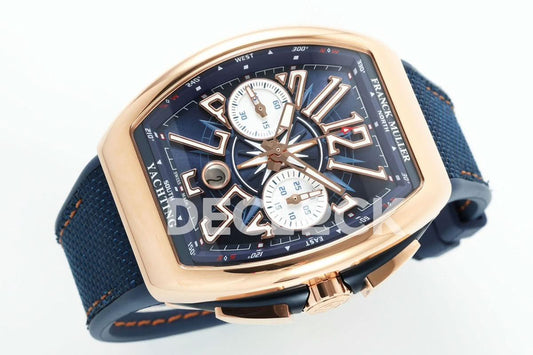 Replica Franck Muller Vanguard V45 Chronograph Blue/White Dial with White Marker in Rose Gold on Leather Strap |  Declock.