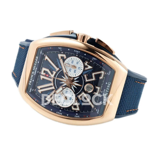 Replica Franck Muller Vanguard V45 Chronograph Blue/White Dial with White Marker in Rose Gold on Leather Strap |  Declock.