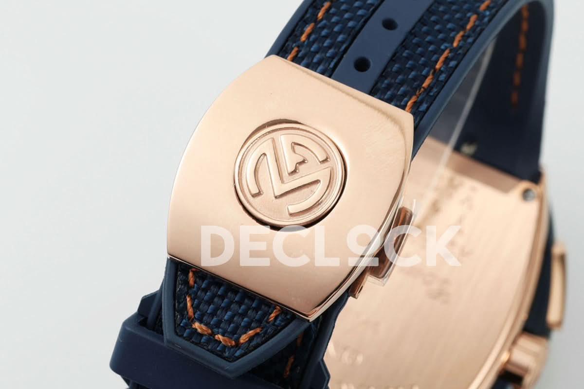 Replica Franck Muller Vanguard V45 Chronograph Blue/White Dial with White Marker in Rose Gold on Leather Strap |  Declock.