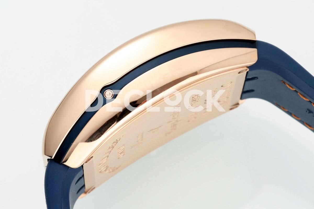 Replica Franck Muller Vanguard V45 Chronograph Blue/White Dial with White Marker in Rose Gold on Leather Strap |  Declock.