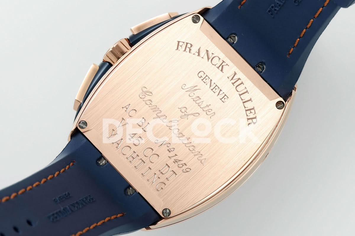 Replica Franck Muller Vanguard V45 Chronograph Blue/White Dial with White Marker in Rose Gold on Leather Strap |  Declock.