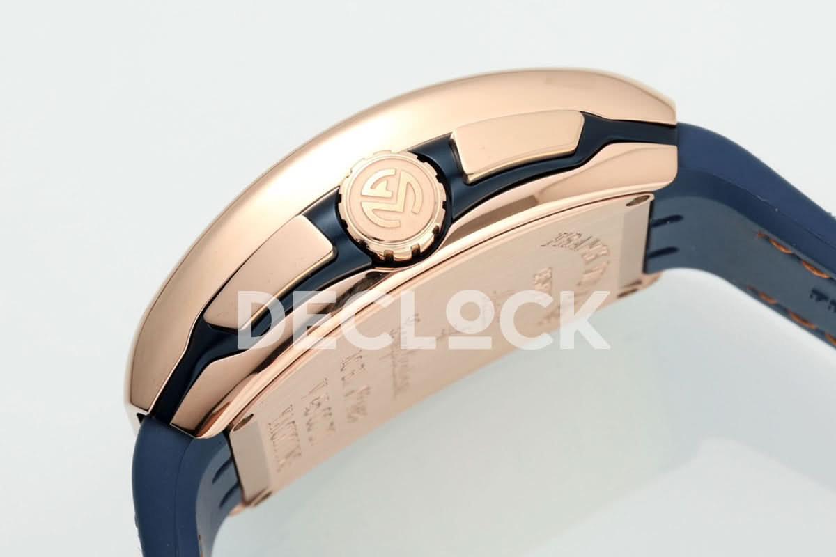 Replica Franck Muller Vanguard V45 Chronograph Blue/White Dial with White Marker in Rose Gold on Leather Strap |  Declock.