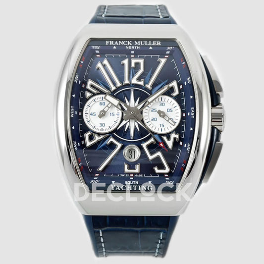 Replica Franck Muller Vanguard V45 Chronograph Blue/White Dial with White Marker in Steel on Leather Strap |  Declock.
