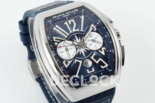 Replica Franck Muller Vanguard V45 Chronograph Blue/White Dial with White Marker in Steel on Leather Strap | Declock.