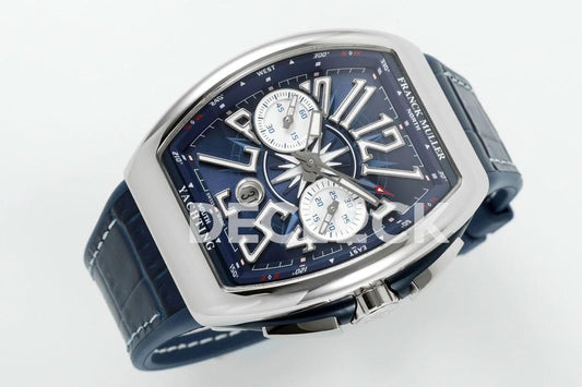 Replica Franck Muller Vanguard V45 Chronograph Blue/White Dial with White Marker in Steel on Leather Strap |  Declock.