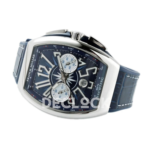 Replica Franck Muller Vanguard V45 Chronograph Blue/White Dial with White Marker in Steel on Leather Strap | Declock.