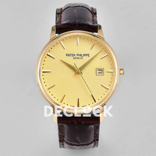Replica Vacheron Constantin Patrimony Date Yellow Gold Gold Dial on Brown Leather Strap | Declock.