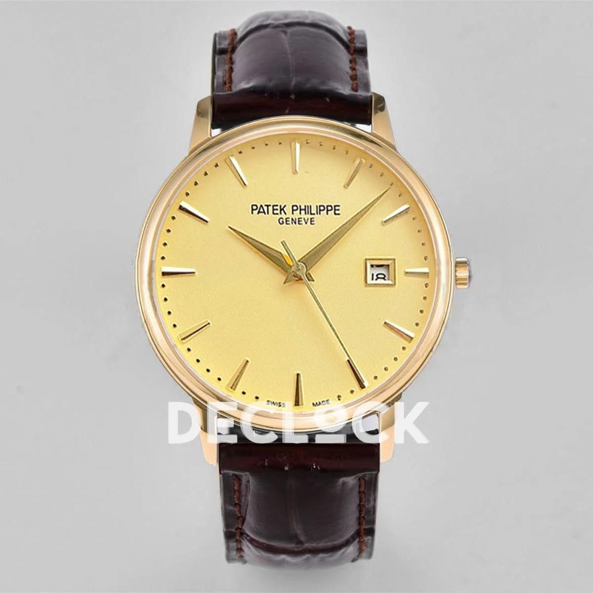 Replica Vacheron Constantin Patrimony Date Yellow Gold Gold Dial on Brown Leather Strap |  Declock.