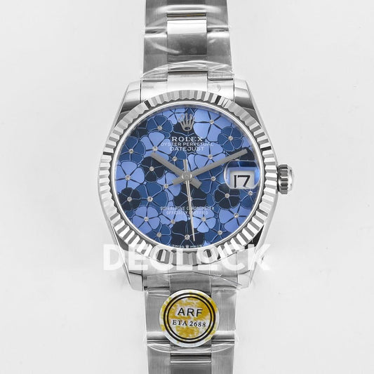 Replica Rolex DateJust 31 278274 THBF 1:1 Best Edition 904L Steel Fluted Blue Floral Dial on SS Oyster Bracelet HZ Cal.2236 | Declock.