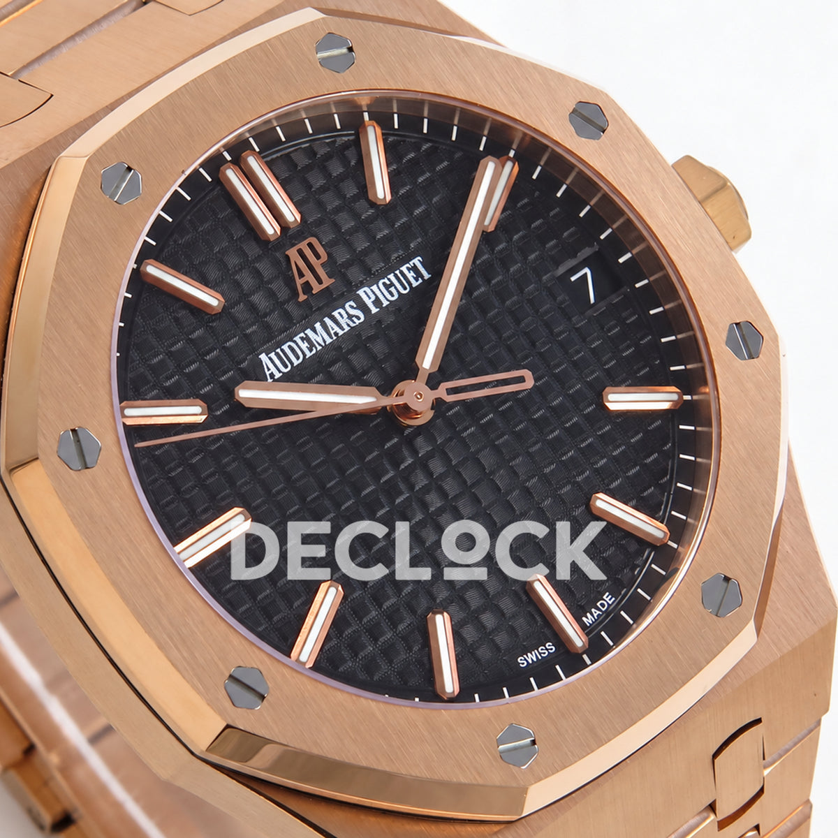 Audemars Piguet Royal Oak 15500OR.OO.1220OR.01 JF black dial rose gold bracelet DD4302 — angled dial