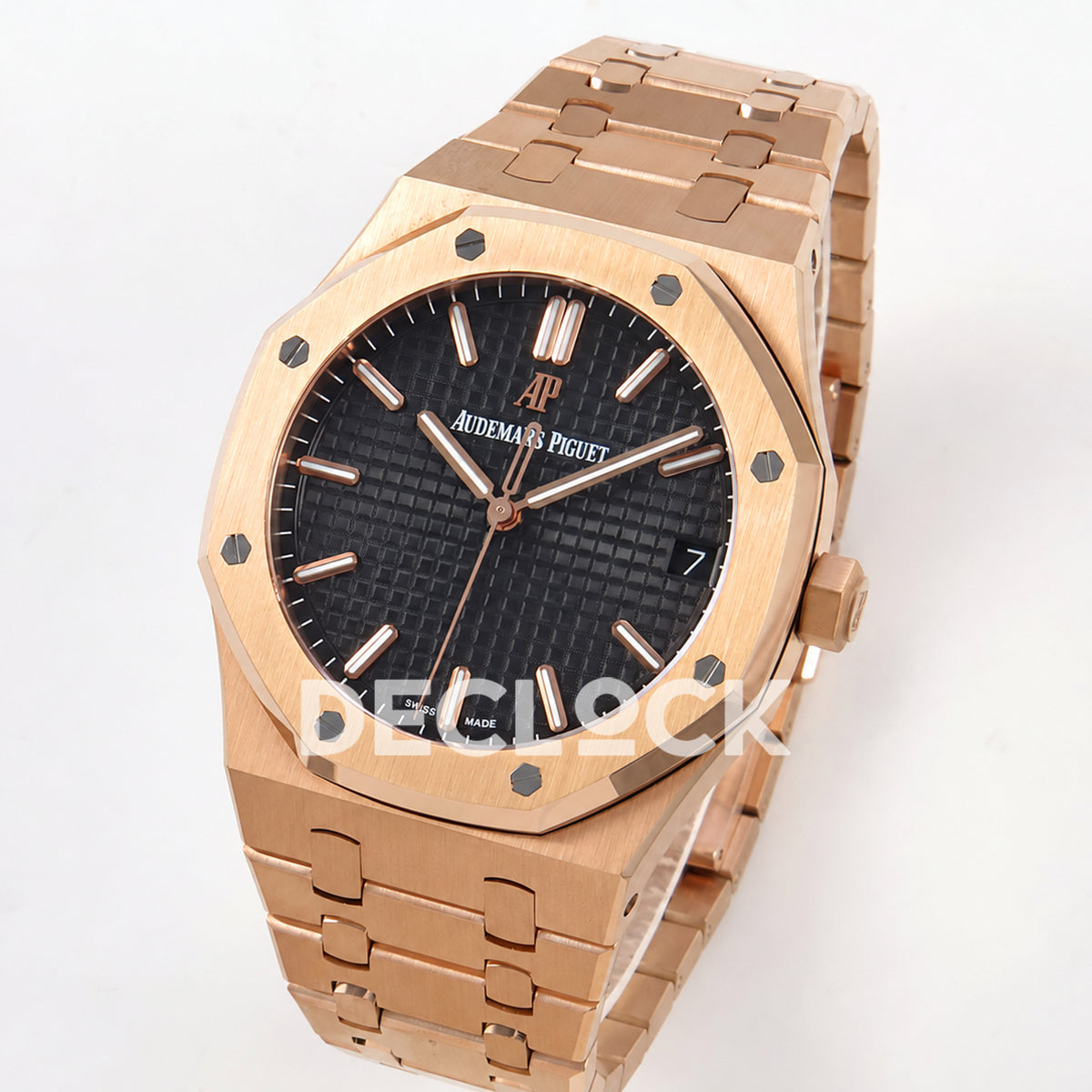 Audemars Piguet Royal Oak 15500OR.OO.1220OR.01 JF black dial rose gold bracelet DD4302 — angled front