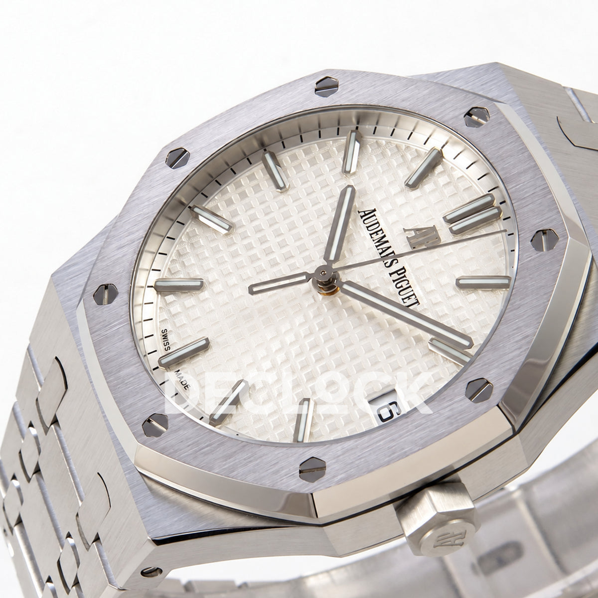 Audemars Piguet Royal Oak 15500ST.OO.1220ST.04 JF silver white dial steel bracelet DD4302 — crown dial angle