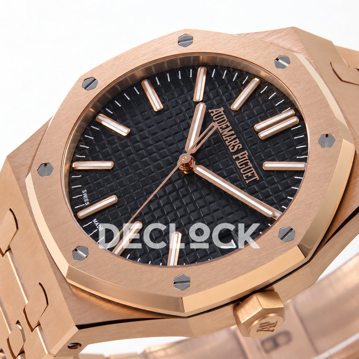Audemars Piguet Royal Oak 15510OR.OO.1320OR.04 JF black dial rose gold bracelet DD4302 — crown dial angle
