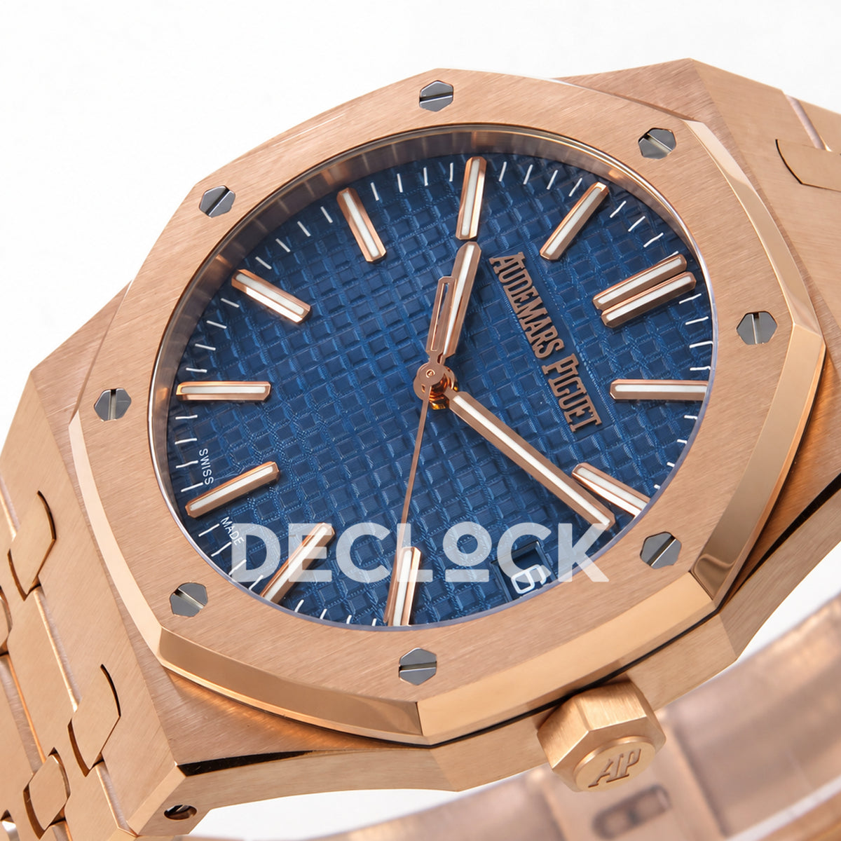 Audemars Piguet Royal Oak 15510OR.OO.1320OR.03 JF blue dial rose gold bracelet DD4302 — crown dial angle