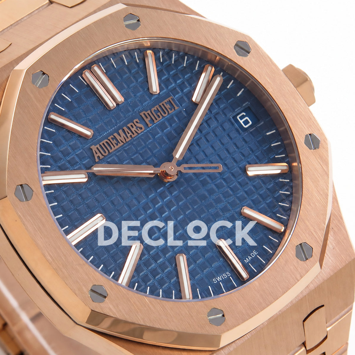 Audemars Piguet Royal Oak 15510OR.OO.1320OR.03 JF blue dial rose gold bracelet DD4302 — dial left angle