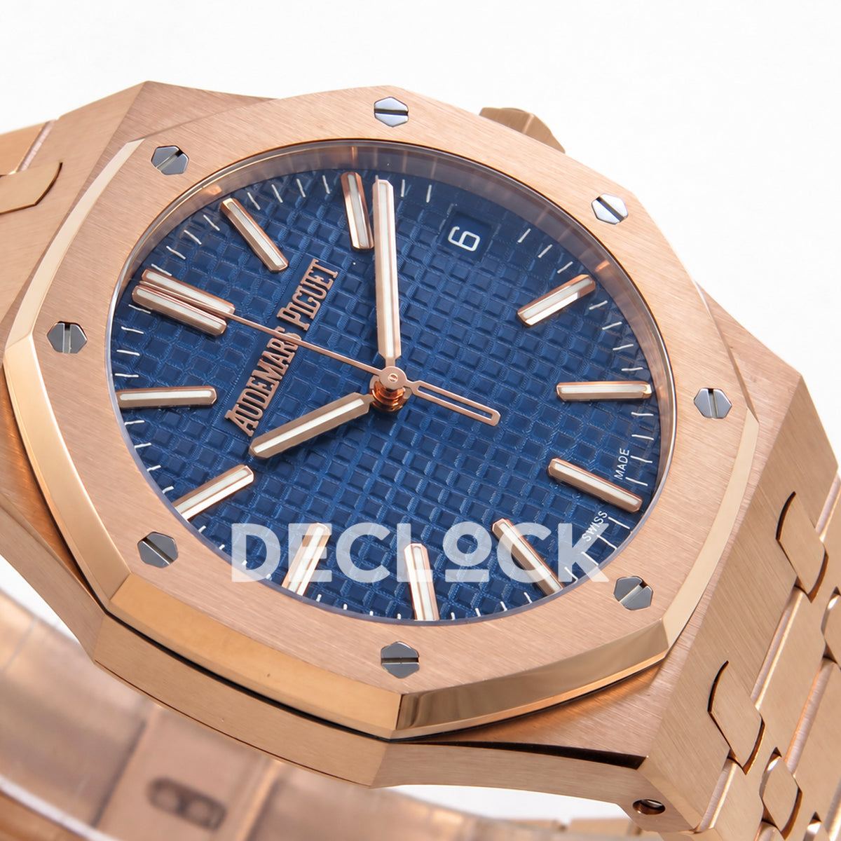 Audemars Piguet Royal Oak 15510OR.OO.1320OR.03 JF blue dial rose gold bracelet DD4302 — dial right angle