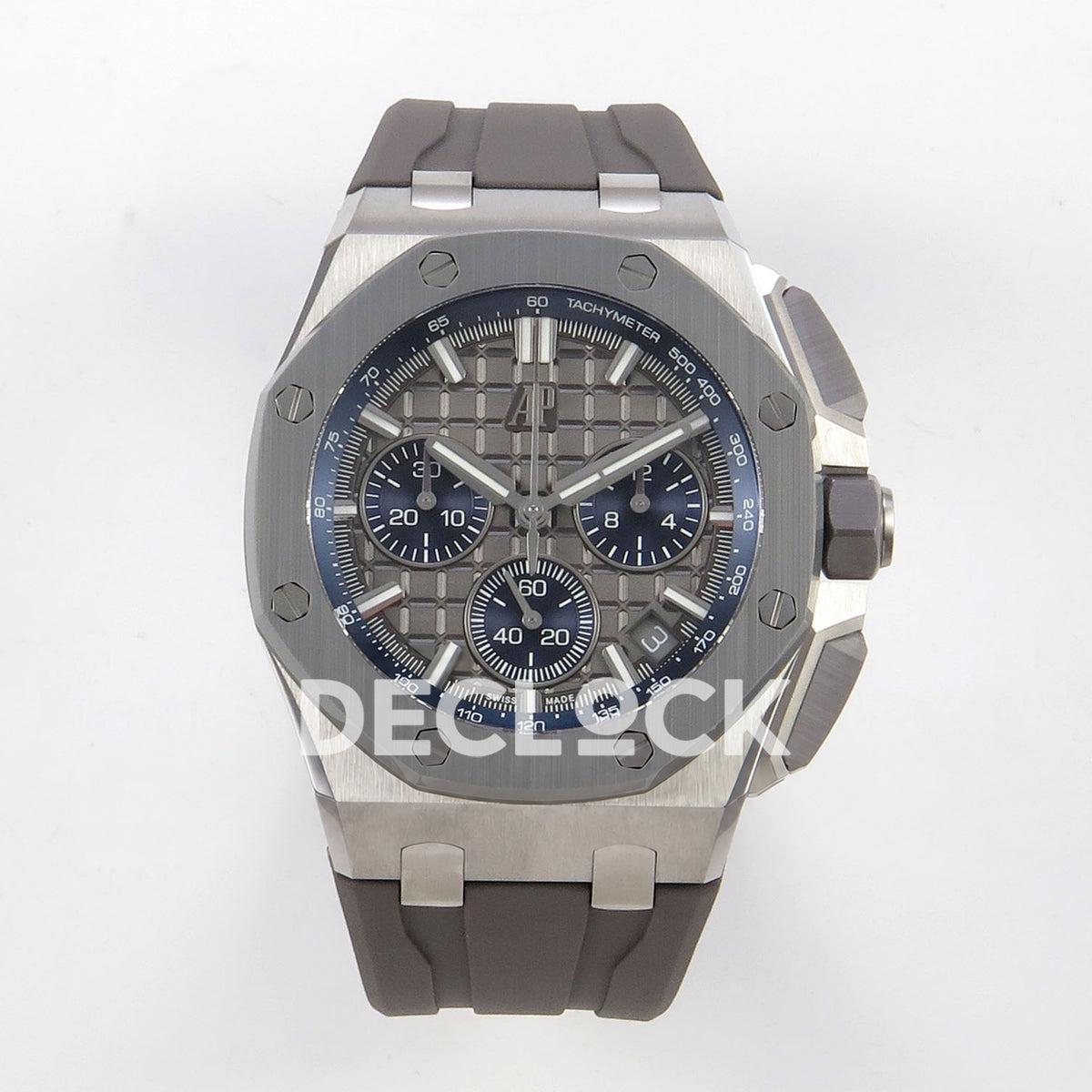 Audemars Piguet Royal Oak Offshore 26420 DDF replica - grey patterned dial, blue chronograph counters and grey rubber strap