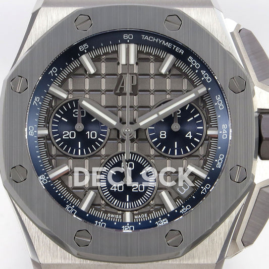 Audemars Piguet Royal Oak Offshore 26420 DDF replica - original grey patterned dial, blue chronograph counters and tachymeter scale close-up