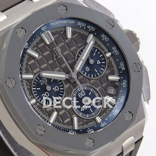 Audemars Piguet Royal Oak Offshore 26420 DDF replica - grey dial, blue counters, date window and octagonal bezel at an angle