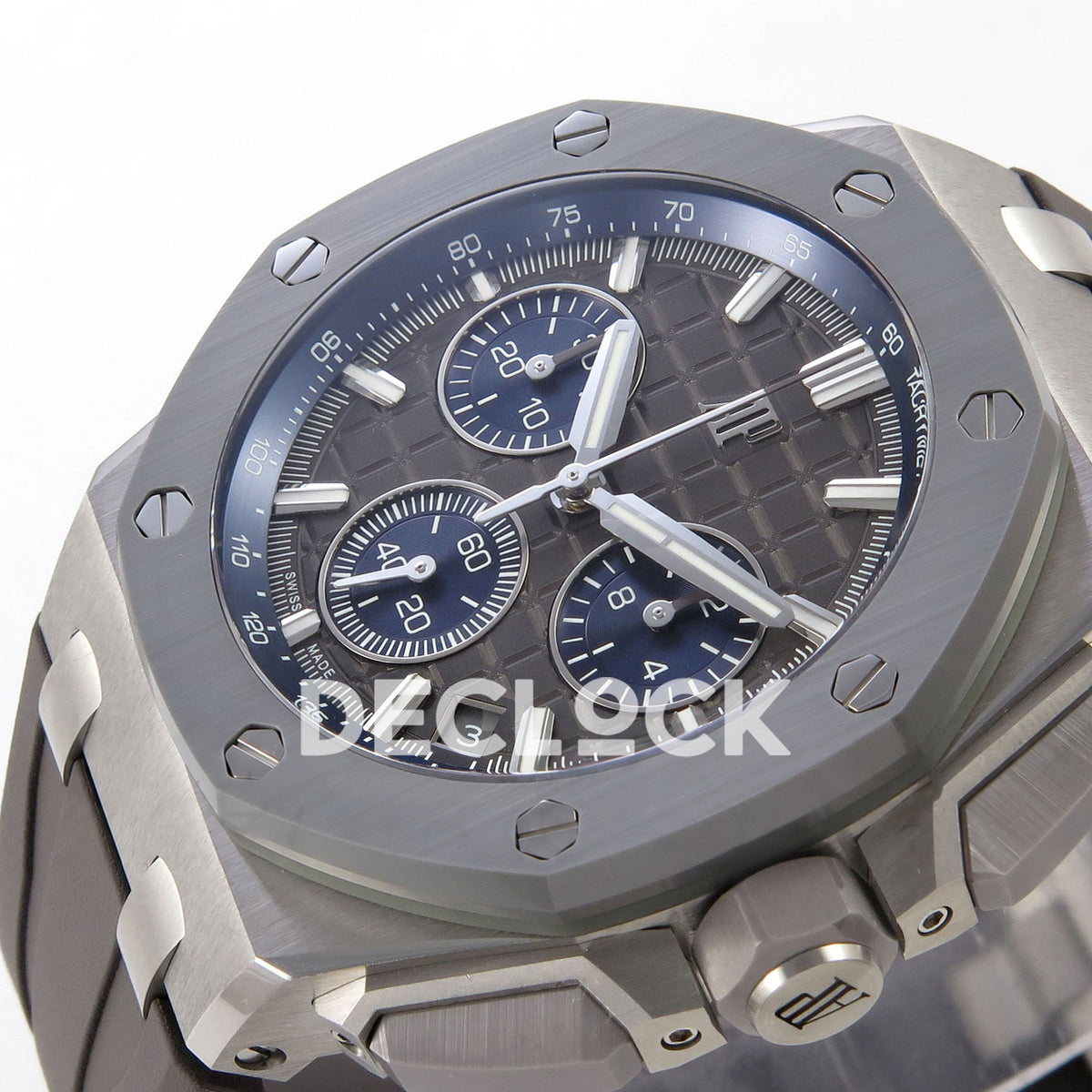 Audemars Piguet Royal Oak Offshore 26420 DDF replica - grey patterned dial and blue chronograph counters from a low angle