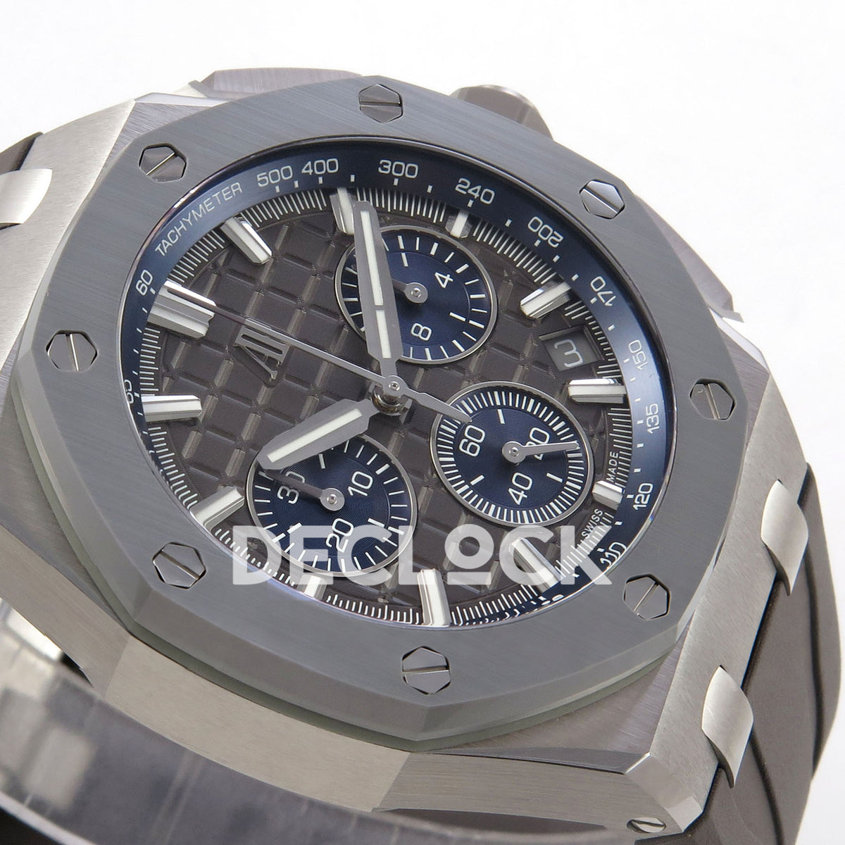 Audemars Piguet Royal Oak Offshore 26420 DDF replica - original hands, markers, blue counters and grey patterned dial from the opposite angle