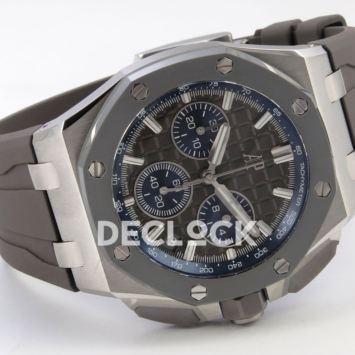 Audemars Piguet Royal Oak Offshore 26420 DDF replica - grey rubber strap, patterned dial and octagonal bezel from the opposite side