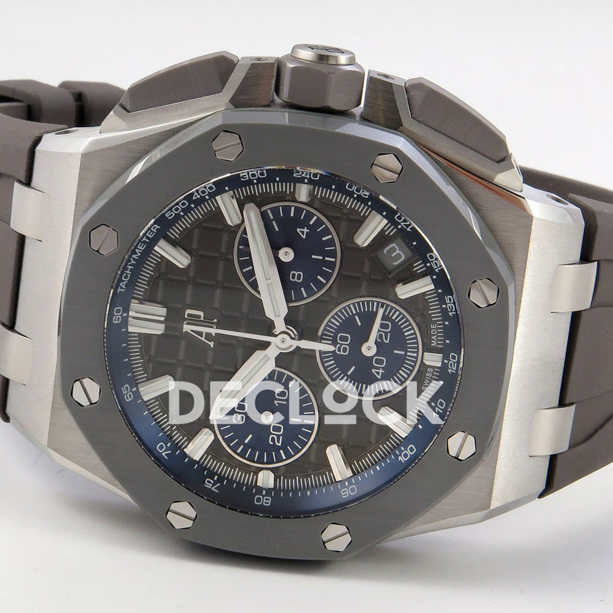 Audemars Piguet Royal Oak Offshore 26420 DDF replica - original grey dial, blue counters, winding crown and rubber strap in a horizontal view