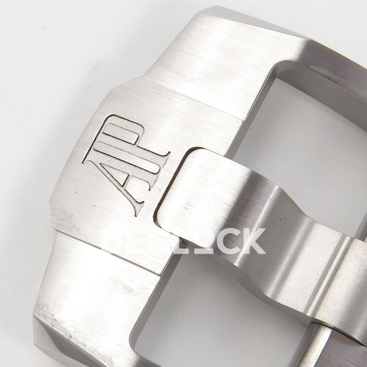 Audemars Piguet Royal Oak Offshore 26420 DDF replica - original AP engraving, brushed steel pin buckle and grey rubber strap in close-up