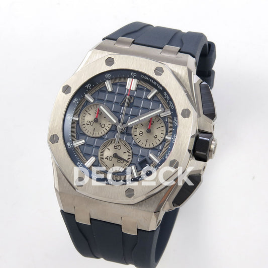 Audemars Piguet Royal Oak Offshore 26420 DDF replica - angled blue dial, titanium bezel and blue rubber strap