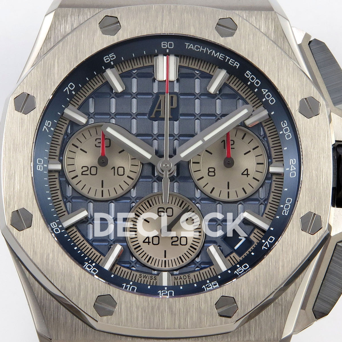 Audemars Piguet Royal Oak Offshore 26420 DDF replica - original blue patterned dial, silver chronograph counters and tachymeter scale close-up