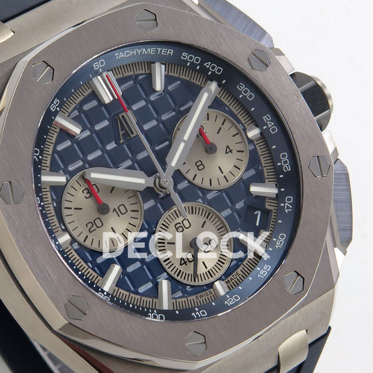 Audemars Piguet Royal Oak Offshore 26420 DDF replica - blue dial, silver counters, date window and octagonal bezel at an angle