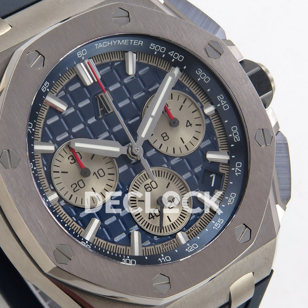 Audemars Piguet Royal Oak Offshore 26420 DDF replica - blue dial, silver counters, date window and octagonal bezel at an angle