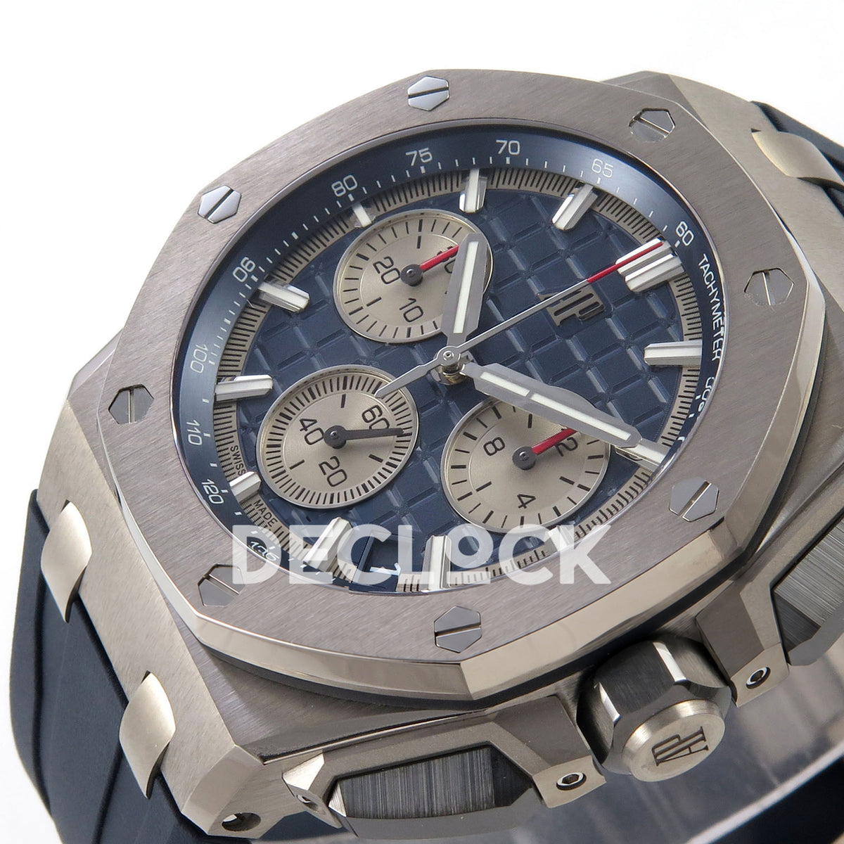 Audemars Piguet Royal Oak Offshore 26420 DDF replica - blue patterned dial and silver chronograph counters from a low angle