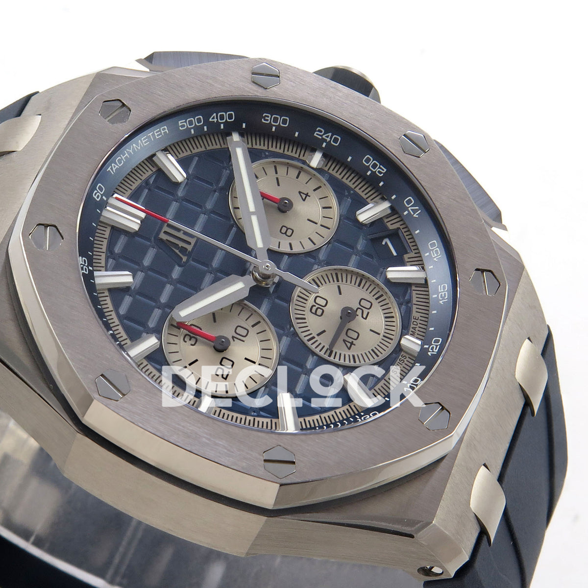 Audemars Piguet Royal Oak Offshore 26420 DDF replica - original hands, markers, silver counters and blue patterned dial from the opposite angle