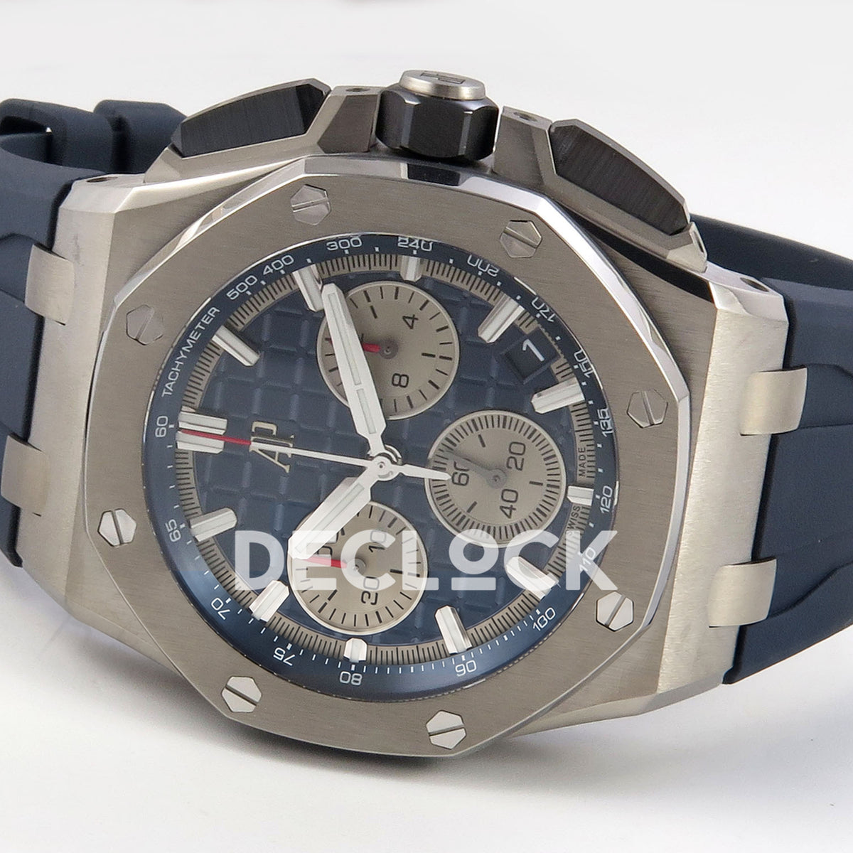 Audemars Piguet Royal Oak Offshore 26420 DDF replica - original blue dial, silver counters, winding crown and rubber strap in a horizontal view