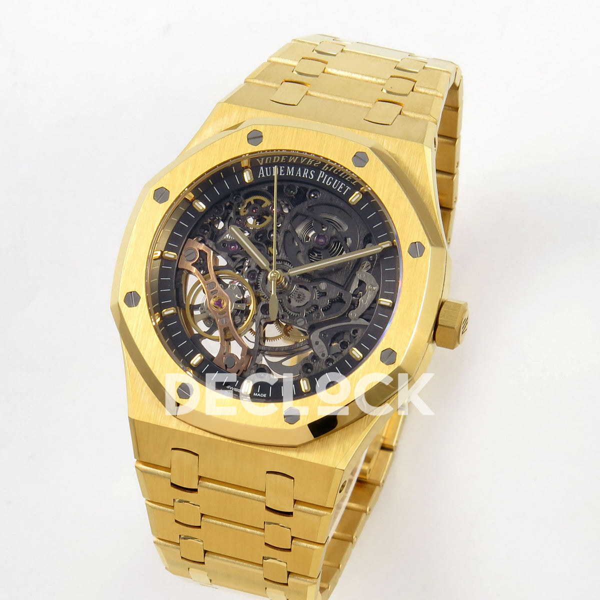 Audemars Piguet Royal Oak Openworked 15407BA DDF replica - angled openworked dial and octagonal yellow gold-tone bezel
