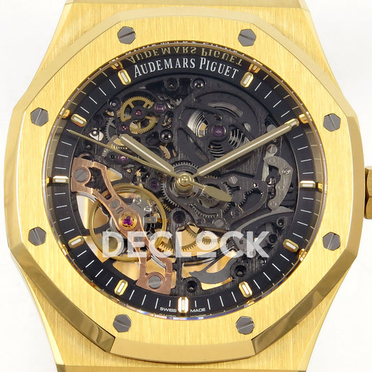 Audemars Piguet Royal Oak Openworked 15407BA DDF replica - original openworked dial, gold hands, copper balance bridge and octagonal bezel close-up