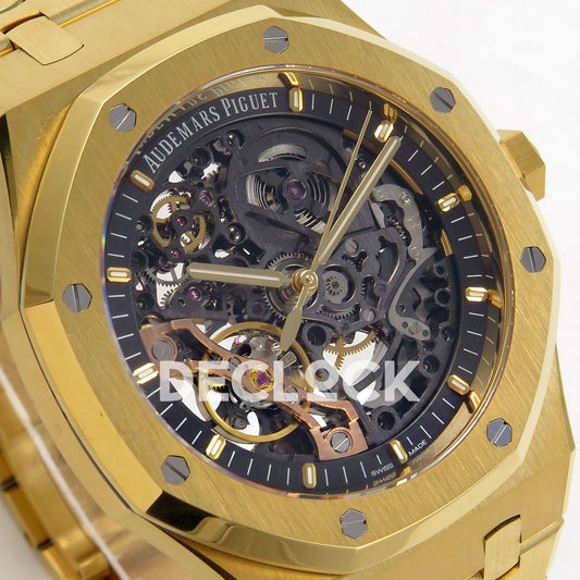 Audemars Piguet Royal Oak Openworked 15407BA DDF replica - openworked dial, original mechanical bridges and gold bezel at a left angle