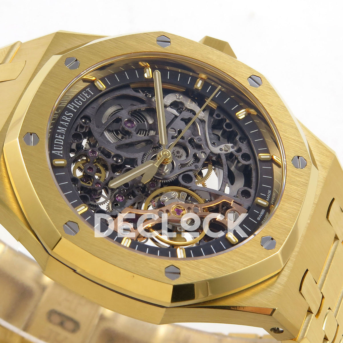 Audemars Piguet Royal Oak Openworked 15407BA DDF replica - original skeleton movement, luminous markers and yellow gold-tone bezel at a low angle