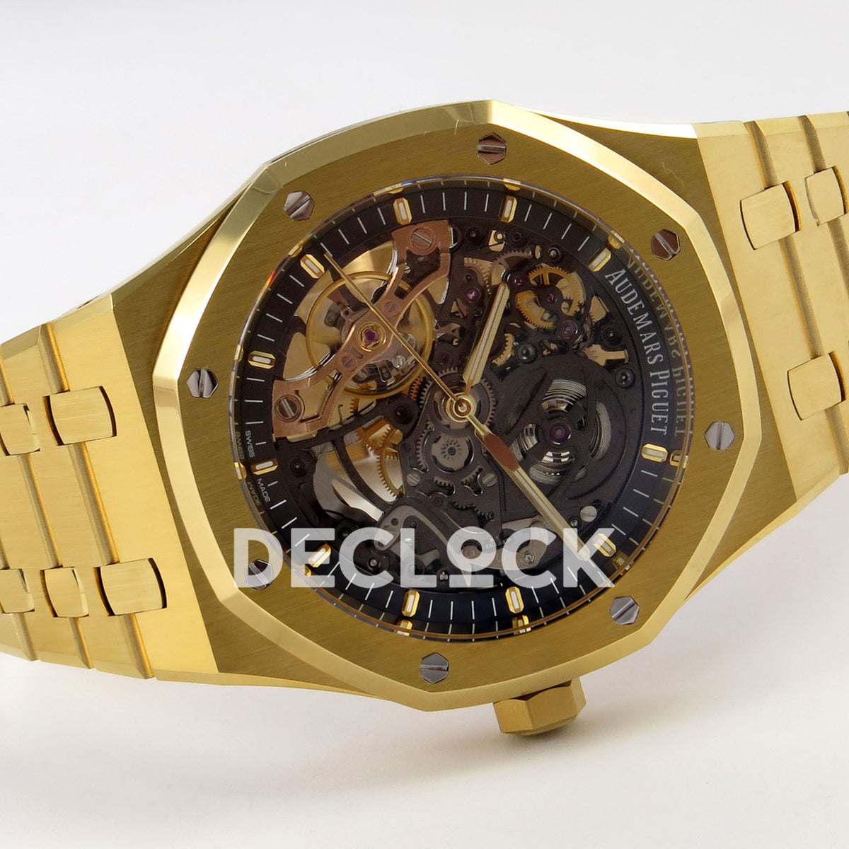 Audemars Piguet Royal Oak Openworked 15407BA DDF replica - yellow gold-tone integrated bracelet, openworked dial and octagonal bezel in horizontal view