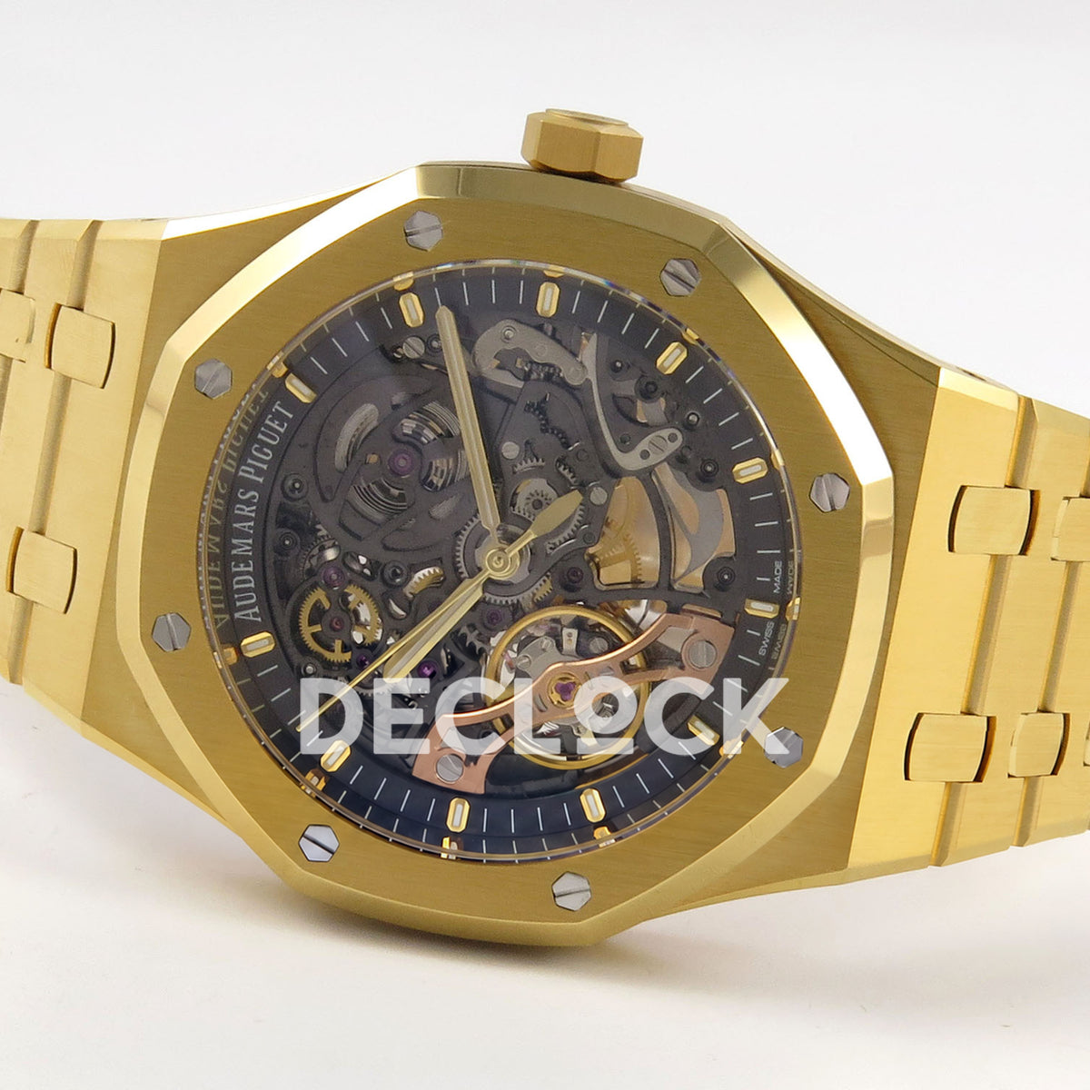 Audemars Piguet Royal Oak Openworked 15407BA DDF replica - original hands, openworked dial and yellow gold-tone bracelet from the opposite side