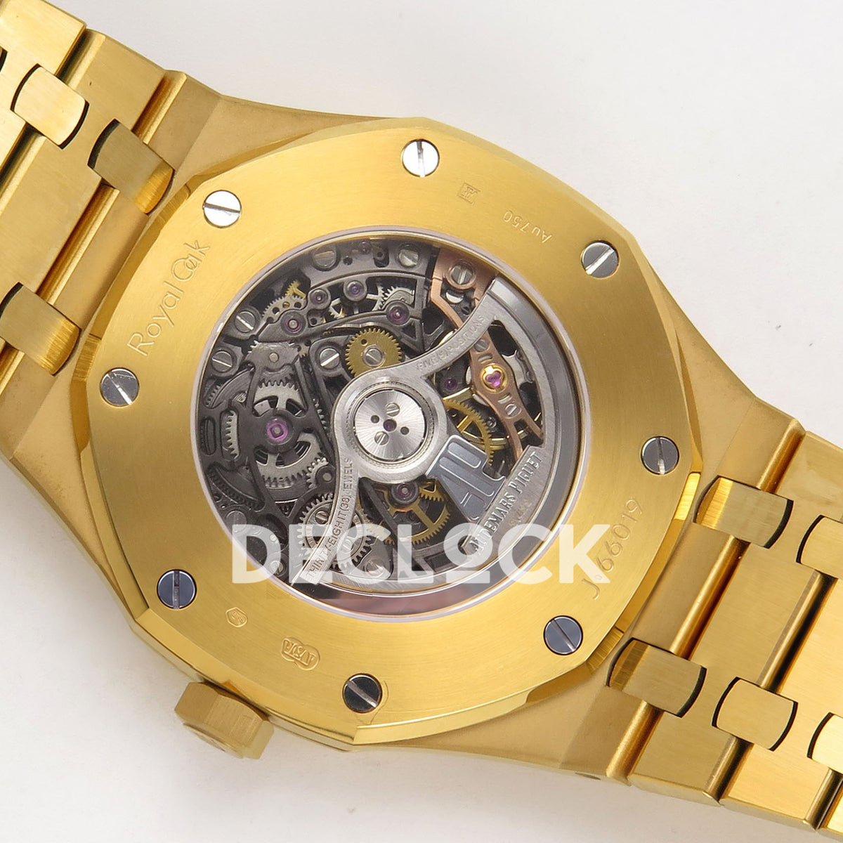Audemars Piguet Royal Oak Openworked 15407BA DDF replica - transparent caseback, original Royal Oak and J66019 engravings and skeleton movement